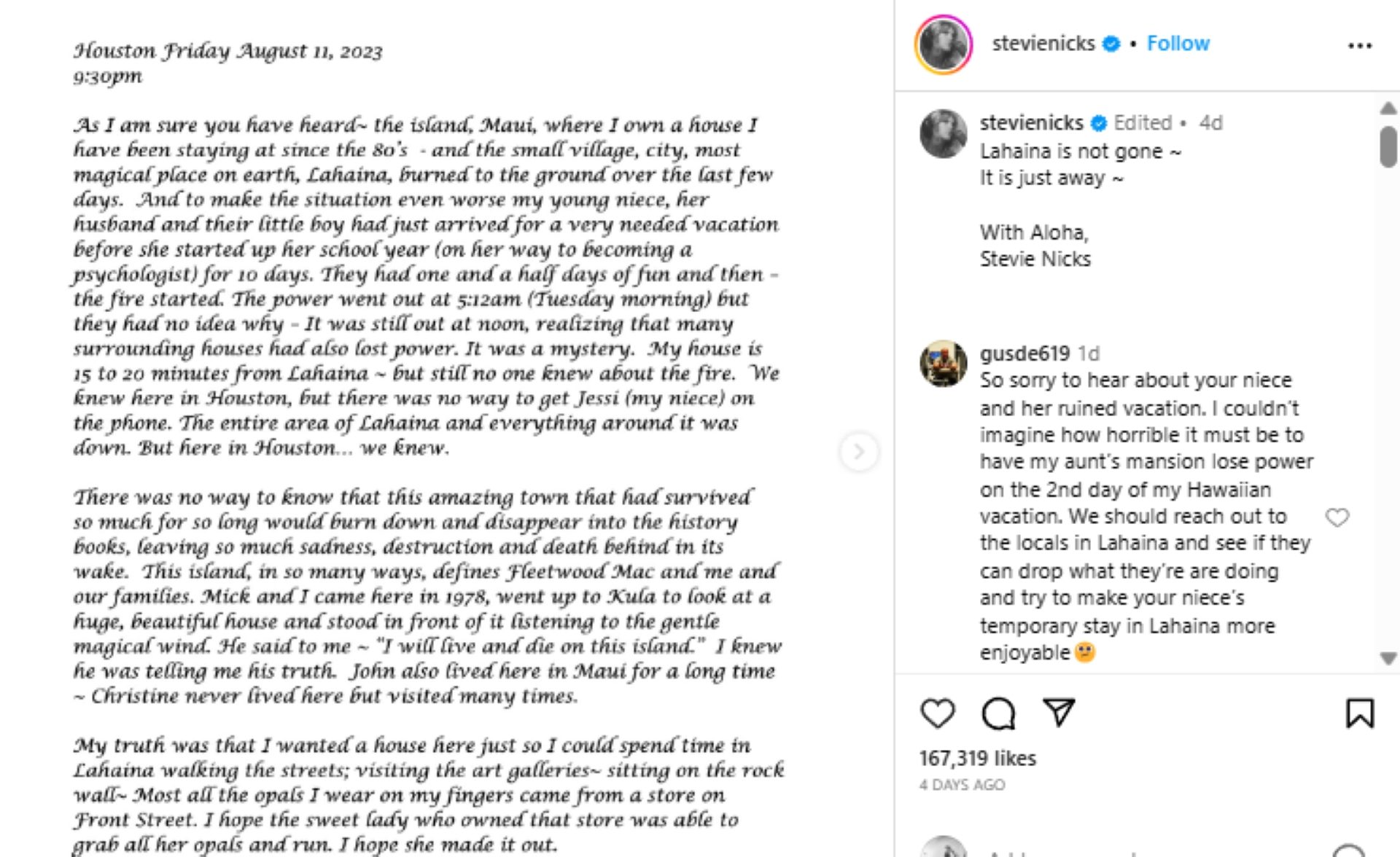 Stevie Nicks also got flack for her Instagram post on the fires