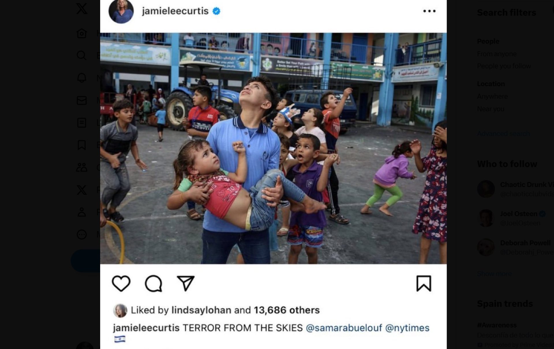 Jamie Lee Curtis deleted a post depicting terrified Palestinian children 