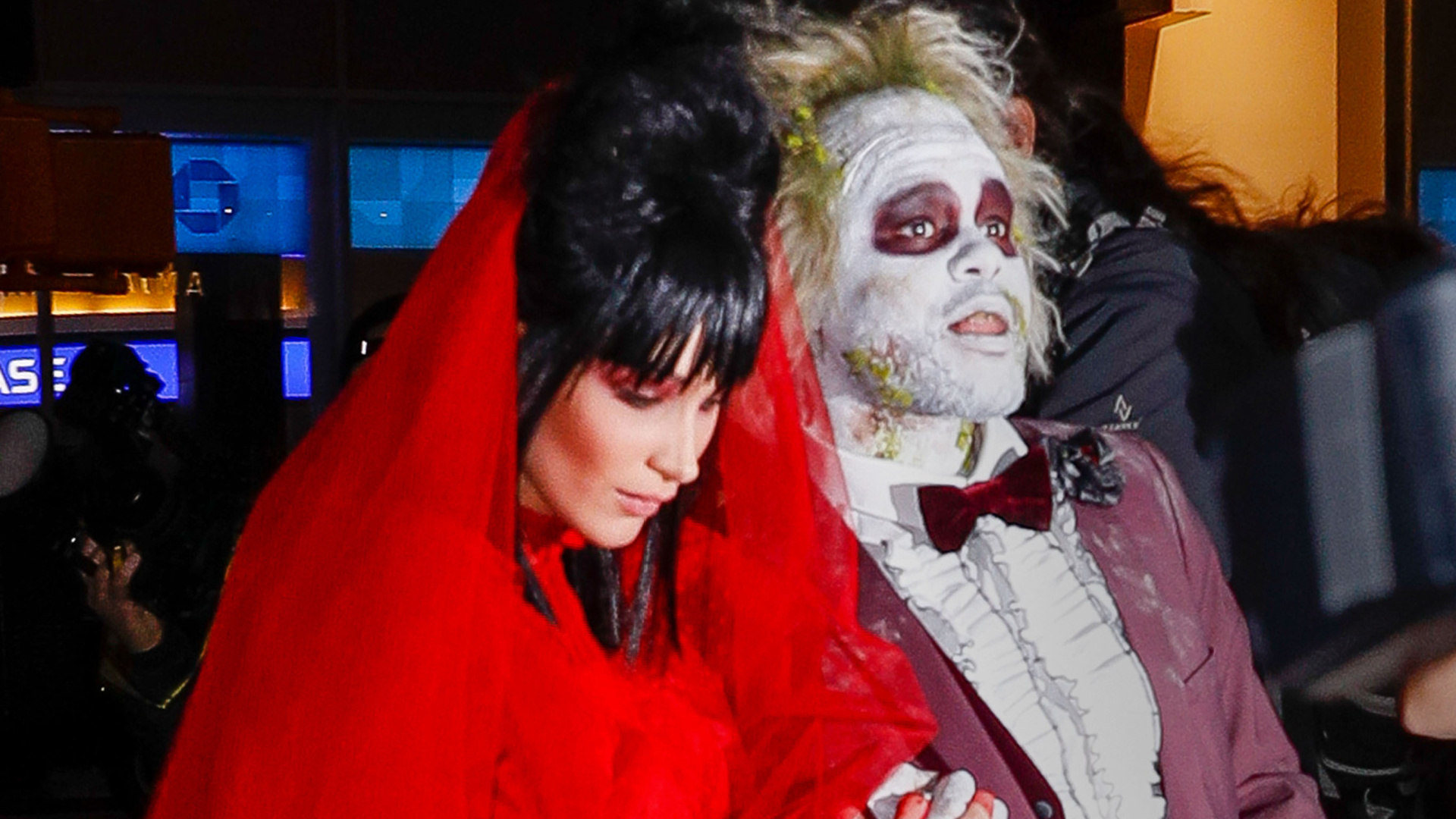 Bella Hadid and The Weeknd as characters from 'Beetlejuice'
